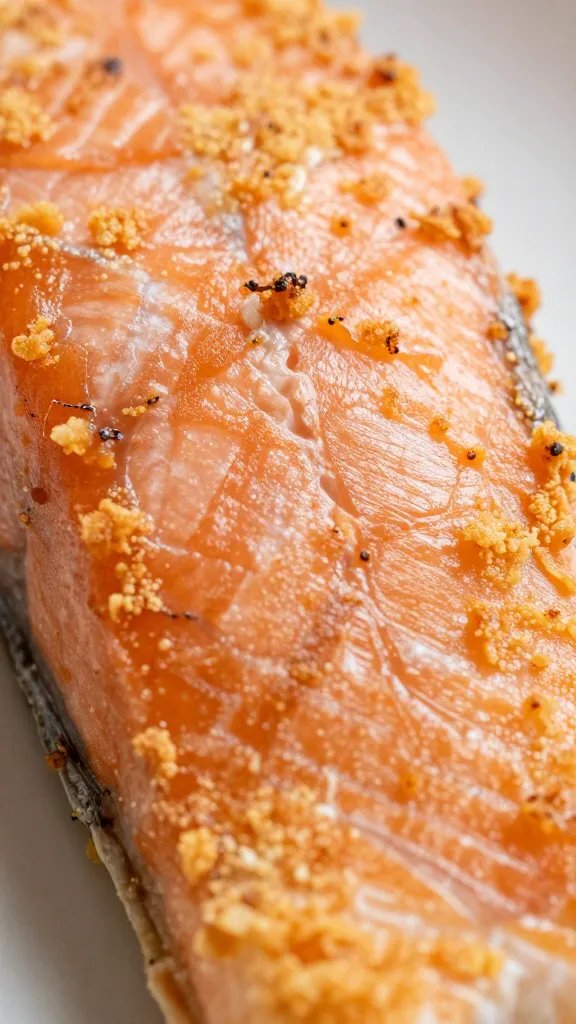 closeup of fried crust details on salmon surface
