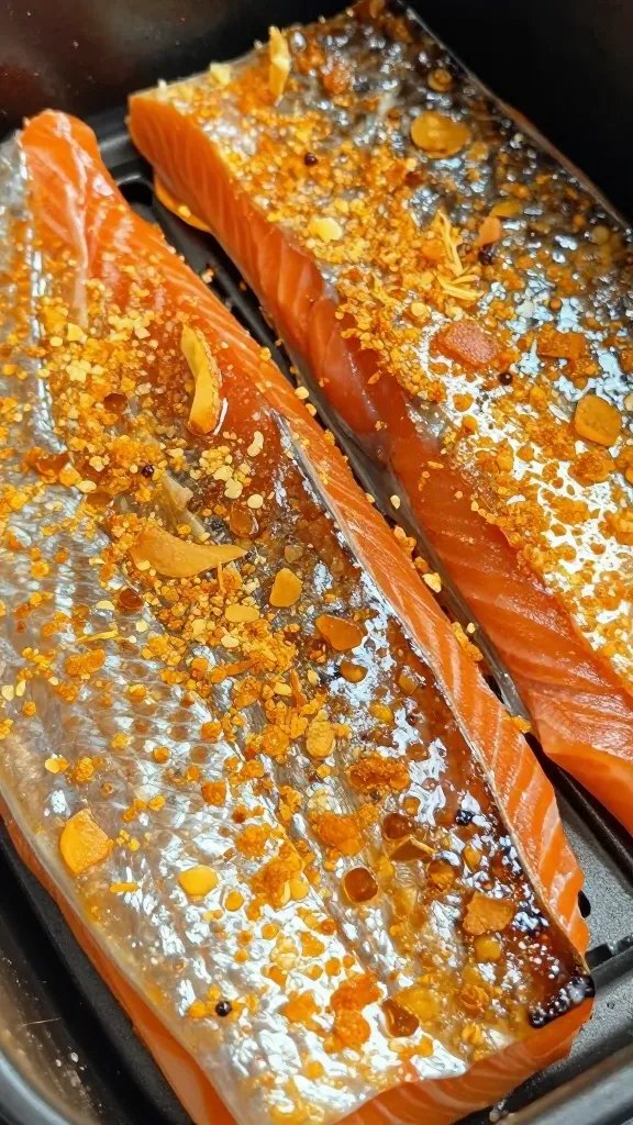 closeup of salmon skin crisp texture after air frying
