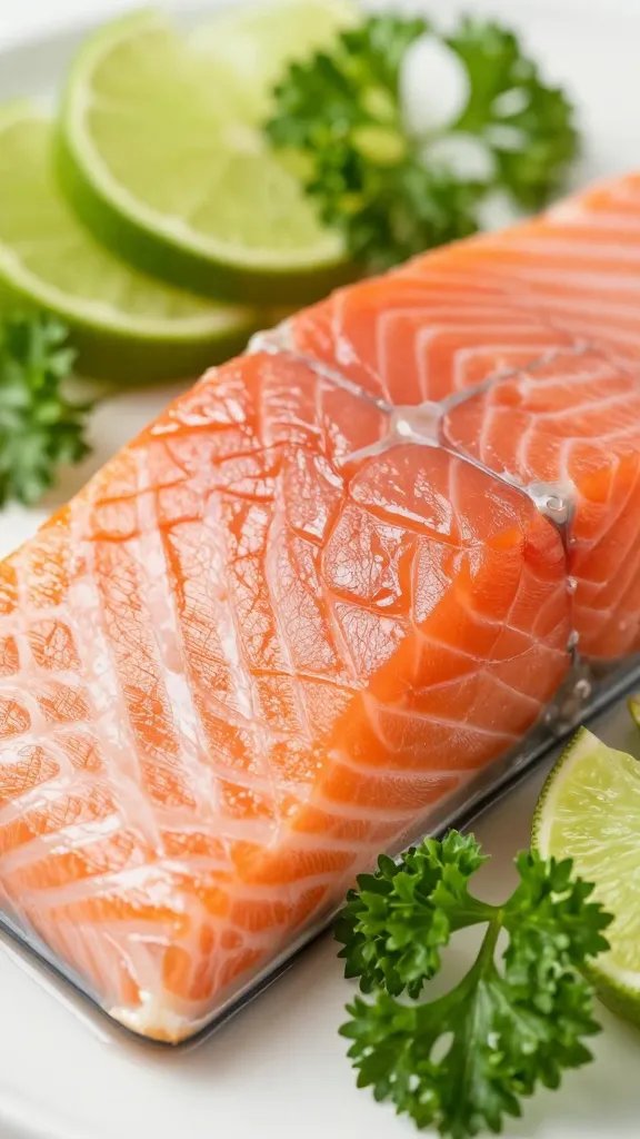 closeup of lime wedges and parsley garnish beside salmon