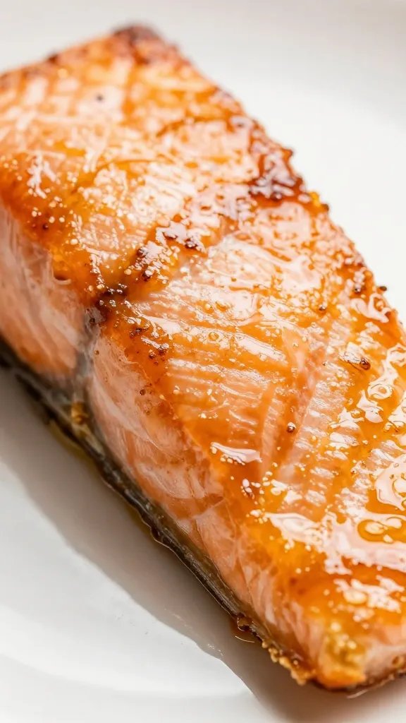 closeup of glossy air-fried salmon glaze on fillet