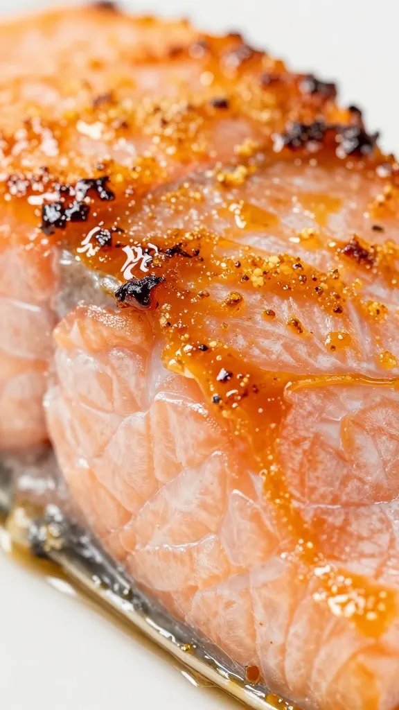 macro shot of flaky salmon with caramelized crust