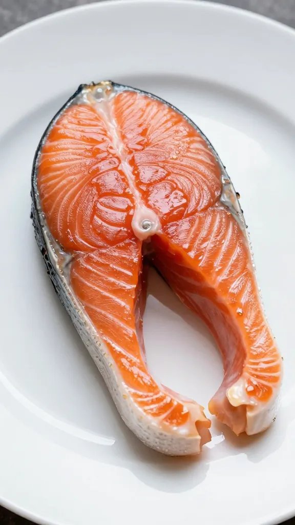 glaze-brushed salmon resting on white plate, focus on shine