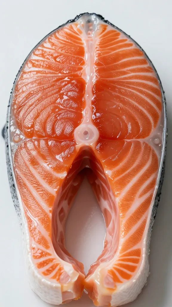 single salmon fillet vertical closeup, gloss highlights