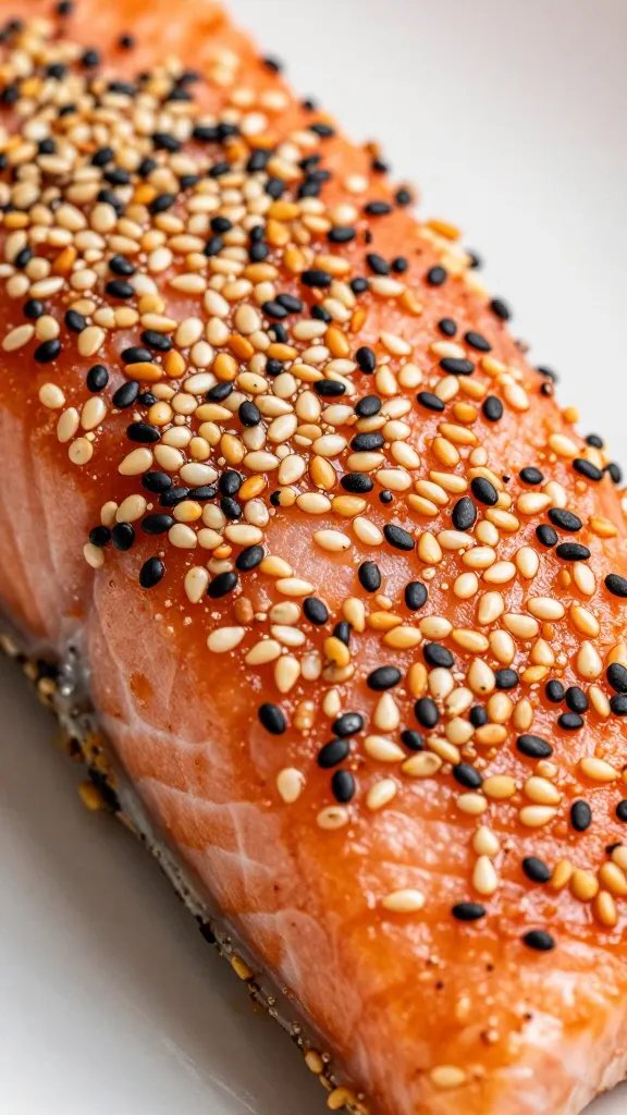 closeup of sesame-speckled gochujang crust on salmon