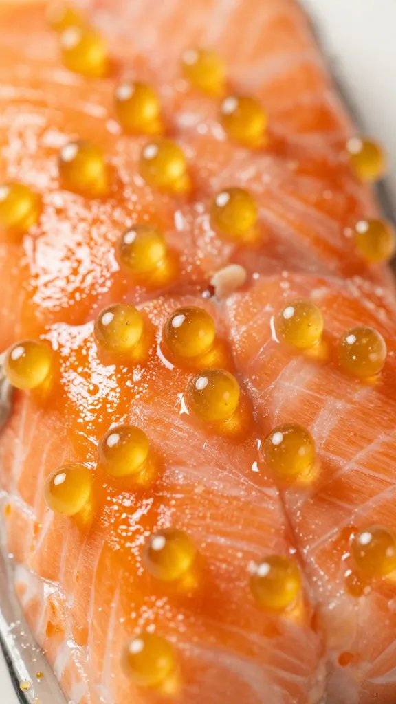 closeup of juice beads on cooked salmon surface