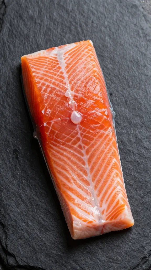 single salmon filet on slate board, pristine texture
