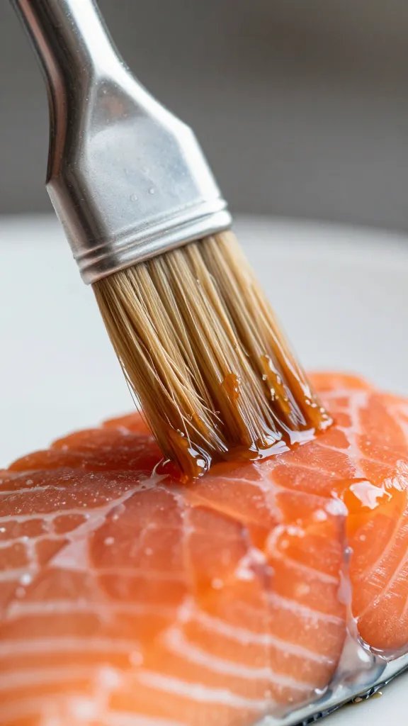macro shot of sauce brush hovering over salmon filet