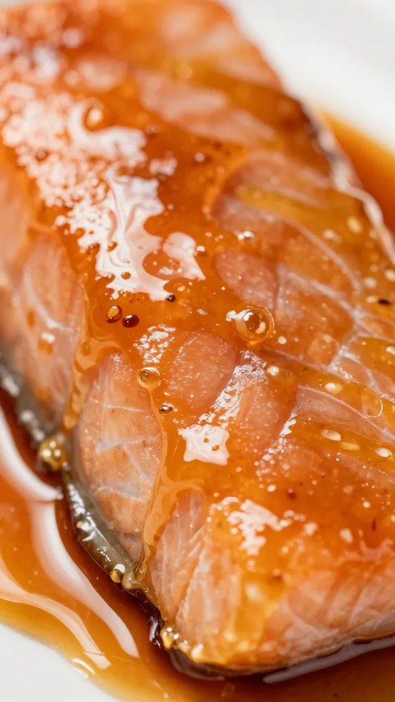 Closeup of glossy honey sriracha salmon glaze on fillet