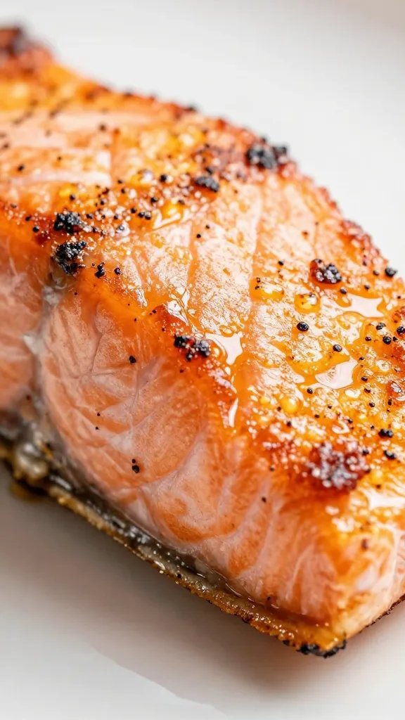 Side-angle closeup of crispy edge on glazed salmon