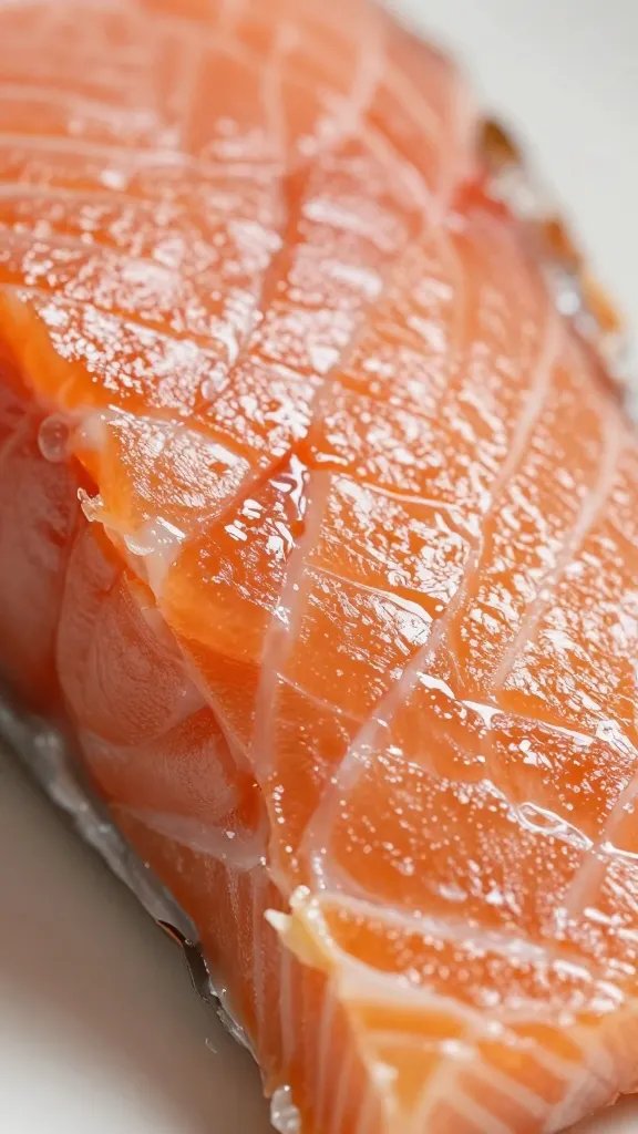 Closeup of flaky salmon interior after bite, with glaze sheen