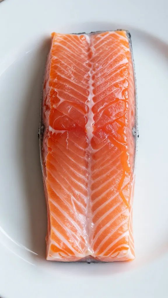 Closeup of a single glazed salmon fillet on white plate