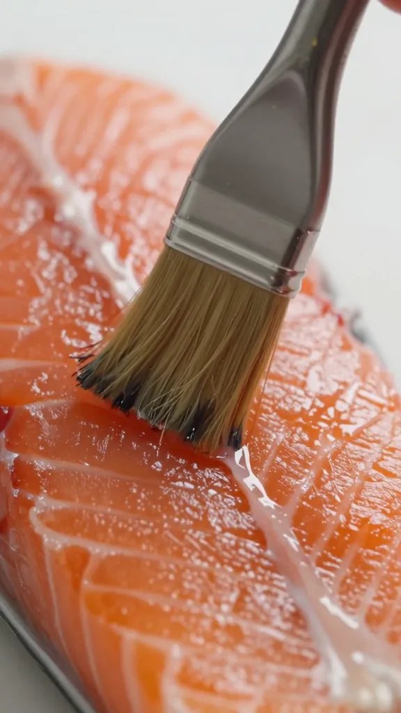 Macro shot of glaze brushing onto salmon surface