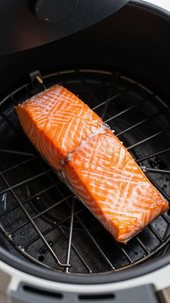 Closeup of air fryer rack with single salmon fillet resting