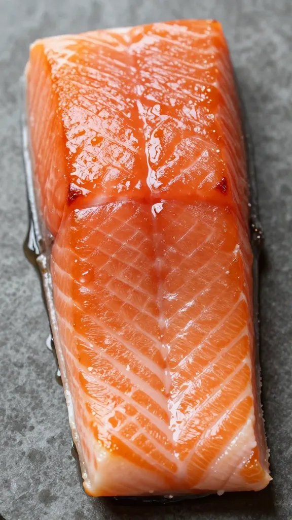 Tight shot of a single plated salmon fillet with glossy glaze