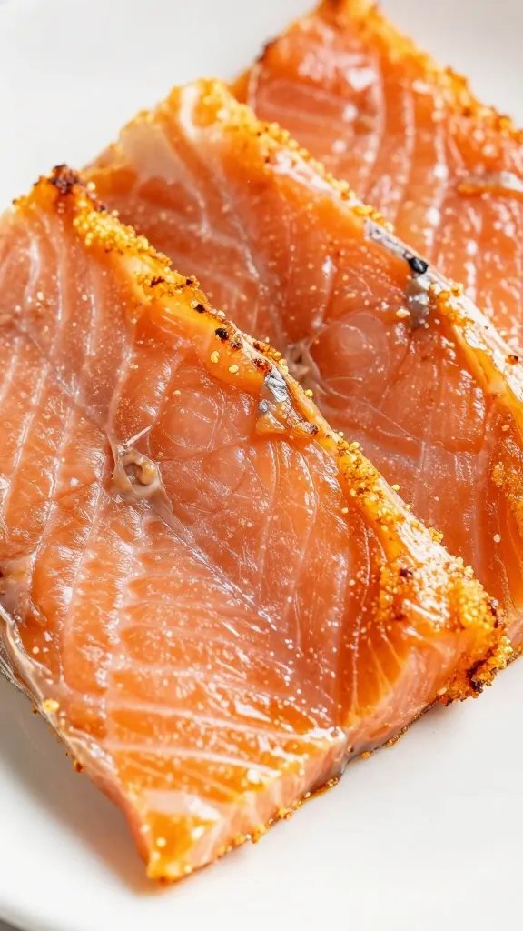 Closeup of salmon skin crisped to a golden edge on plate
