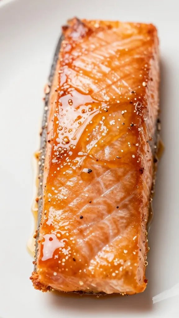 closeup of glazed air-fried salmon fillet on plate, glossy Dijon glaze