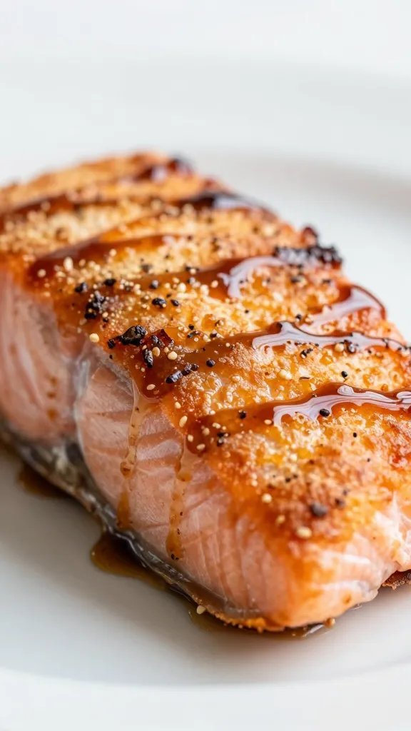 closeup of crispy salmon crust with Dijon glaze, shallow depth of field