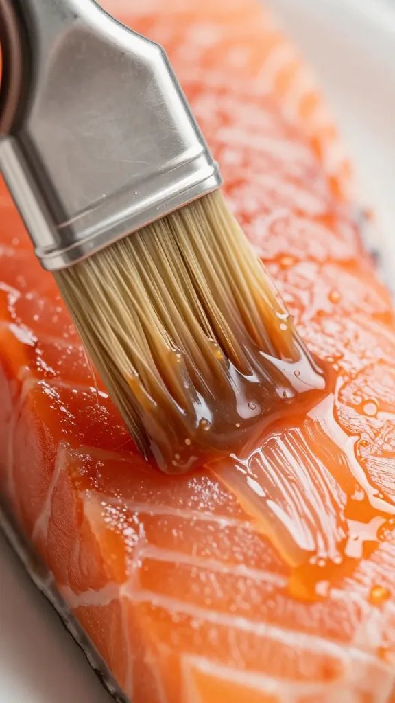 closeup of glossy Dijon sauce brush stroke on salmon filet