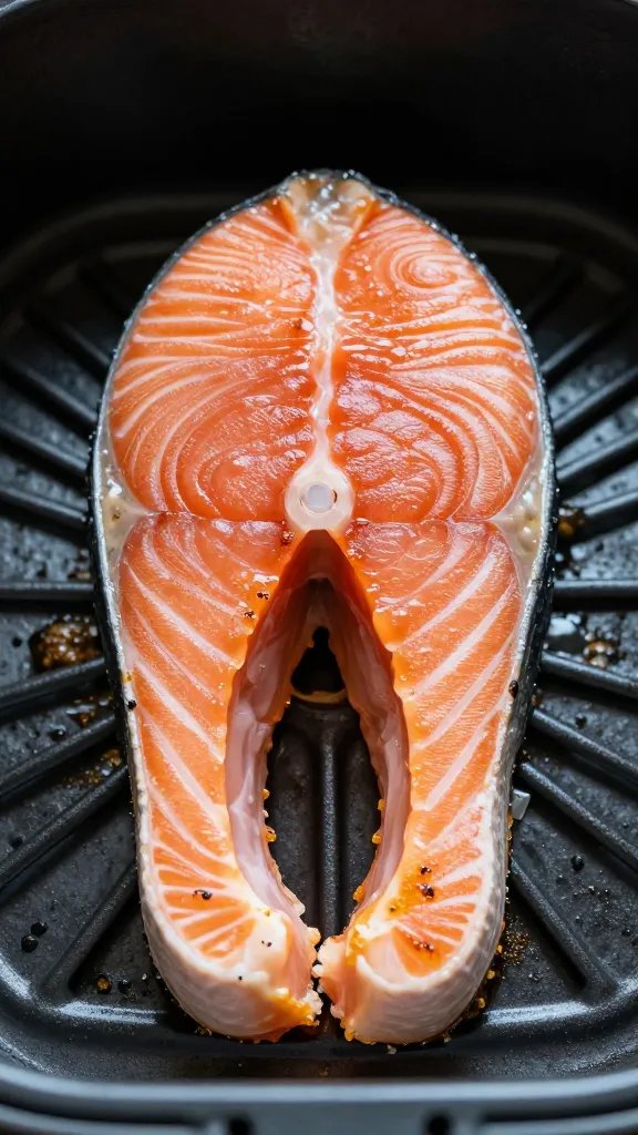 closeup of single salmon fillet after air frying, crisp edges