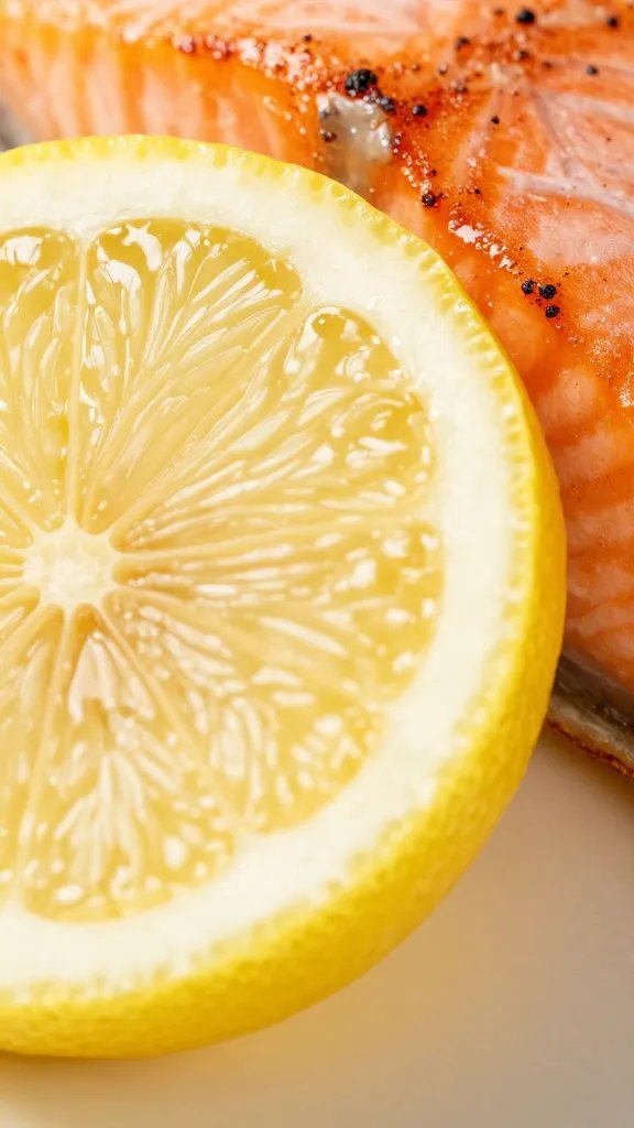 closeup of lemon wedge resting beside glazed salmon, high detail