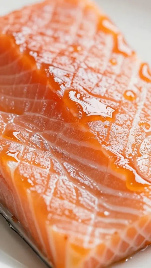 closeup of tender salmon flakes, Dijon glaze reflected on surface