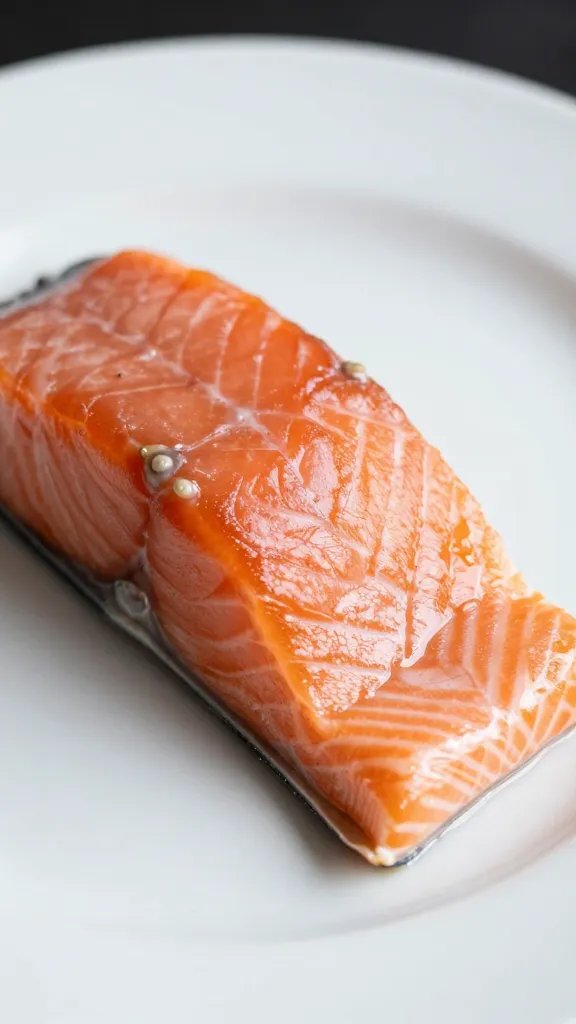 closeup of plated salmon with minimalist white plate, focus on glaze
