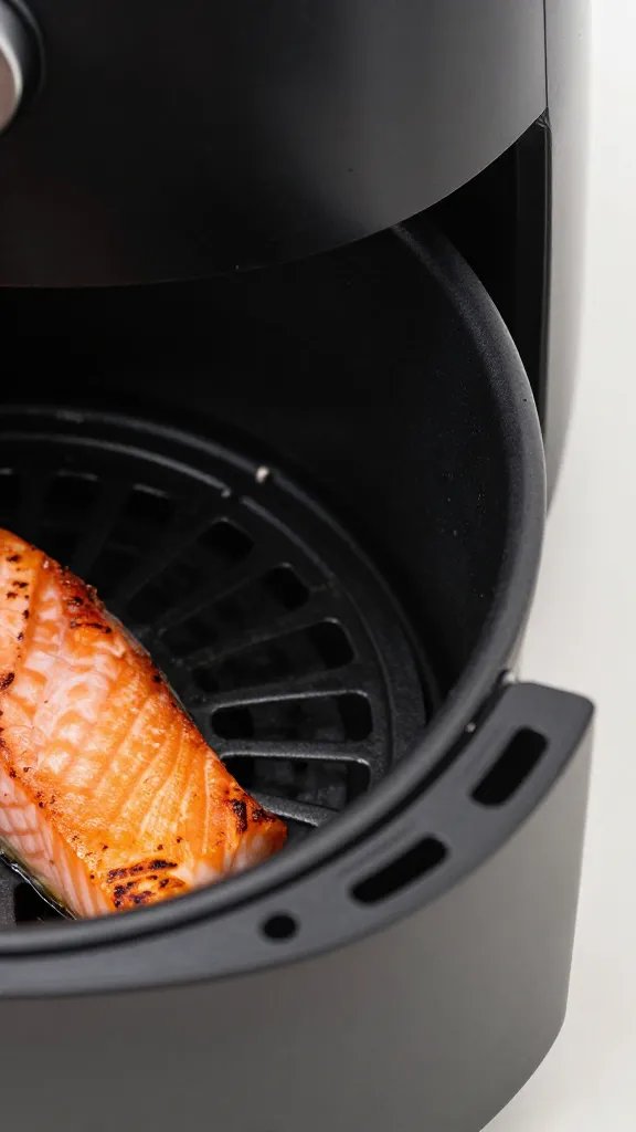 closeup of air fryer basket edge with cooked salmon corner