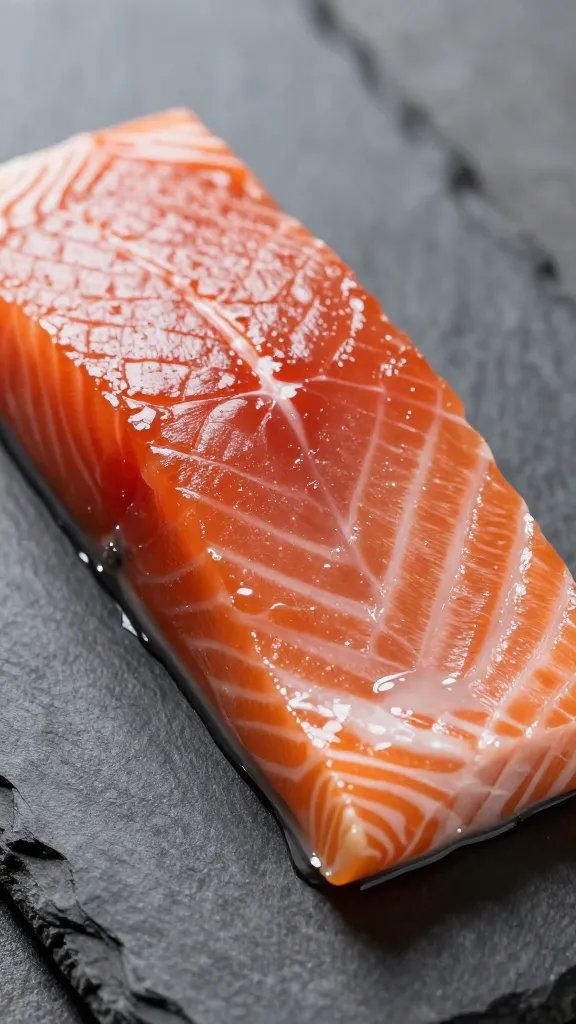 closeup of single salmon slice on slate board, glossy glaze highlights
