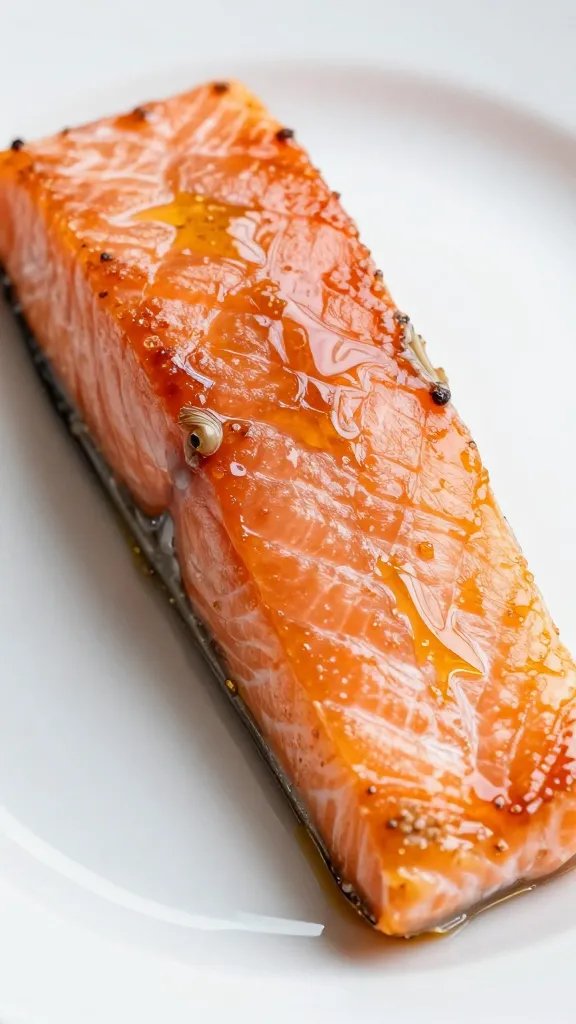 Closeup glazed honey Dijon salmon fillet on white plate