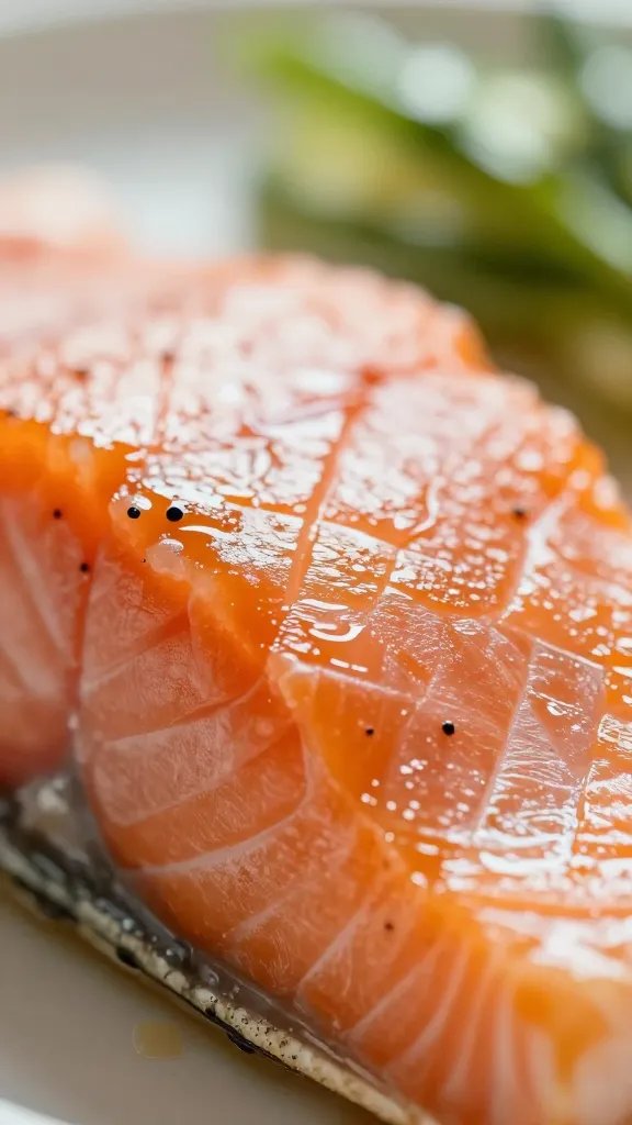 Shiny glaze crust on salmon closeup with bokeh background
