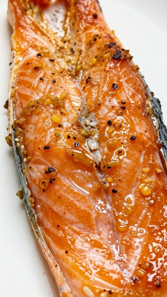 Pat-dried salmon with glossy crust up close