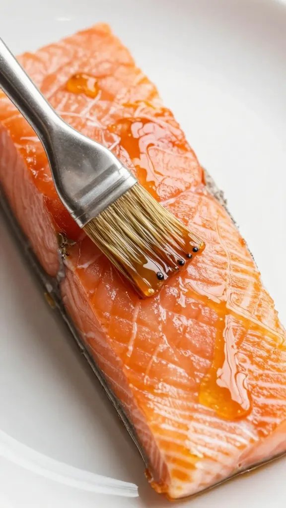 Honey Dijon glaze brush strokes on salmon surface