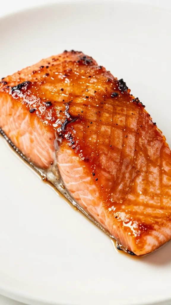 Sticky caramelized crust on salmon under soft lighting