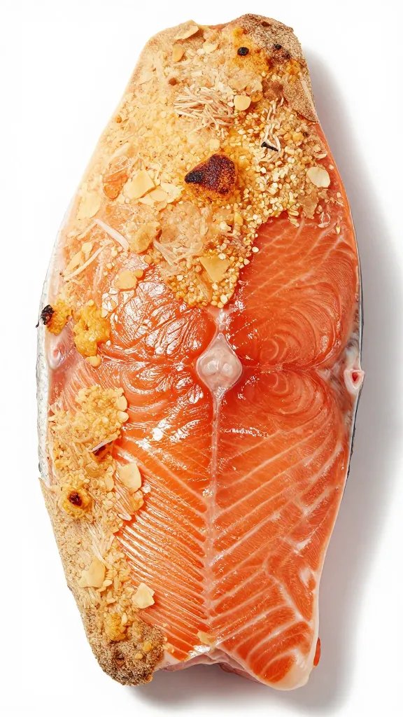Individual salmon portion highlighting crisp crust detail