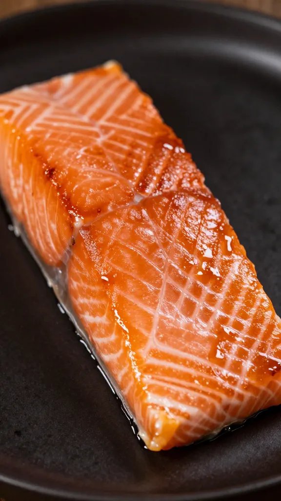Juicy salmon half with glaze closeup on dark plate