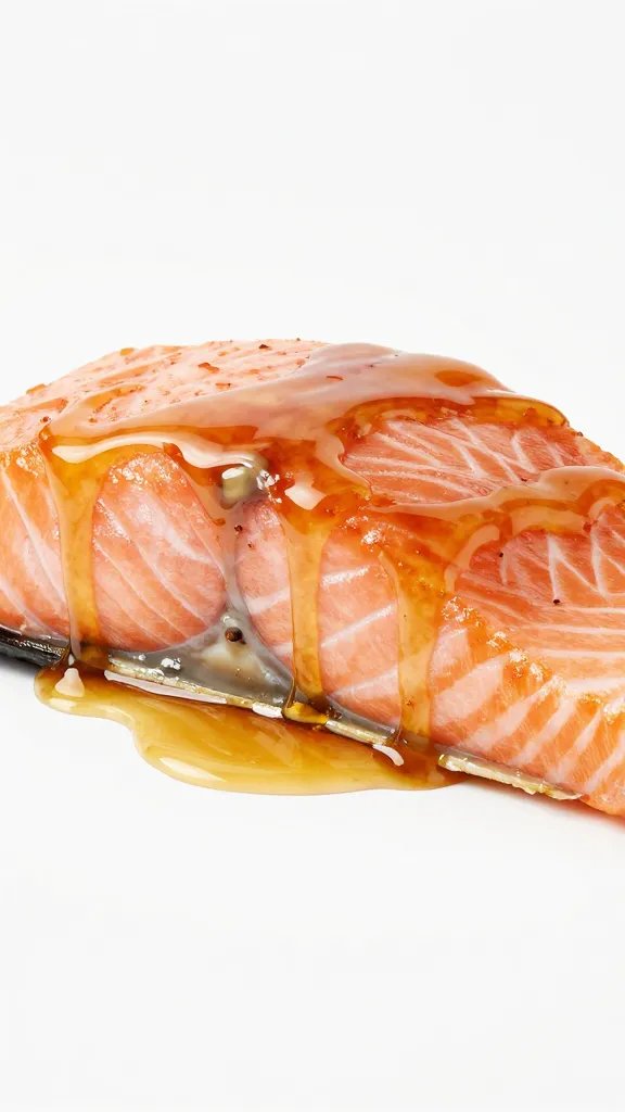 Dijon-honey glaze drip on salmon edge, studio shot