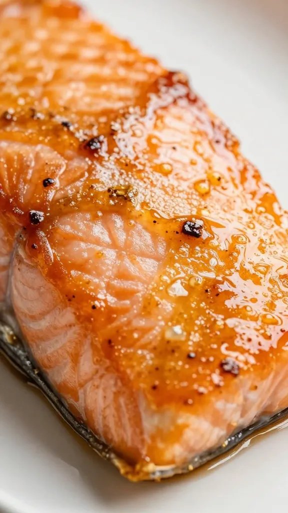 closeup of glazed honey-soy salmon fillet skin crisp
