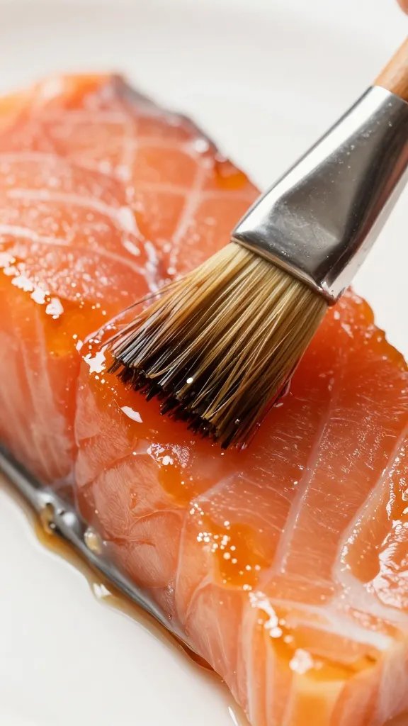 macro shot of lacquered salmon half brushed with glaze