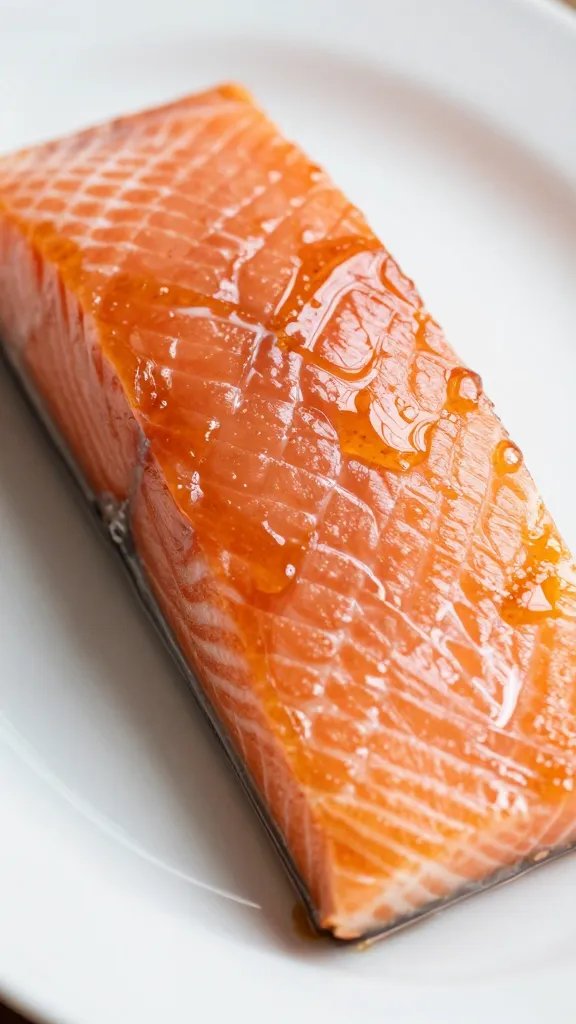 closeup of glossy honey-soy salmon on white plate