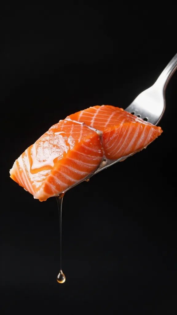 single salmon fillet on fork with glaze drip