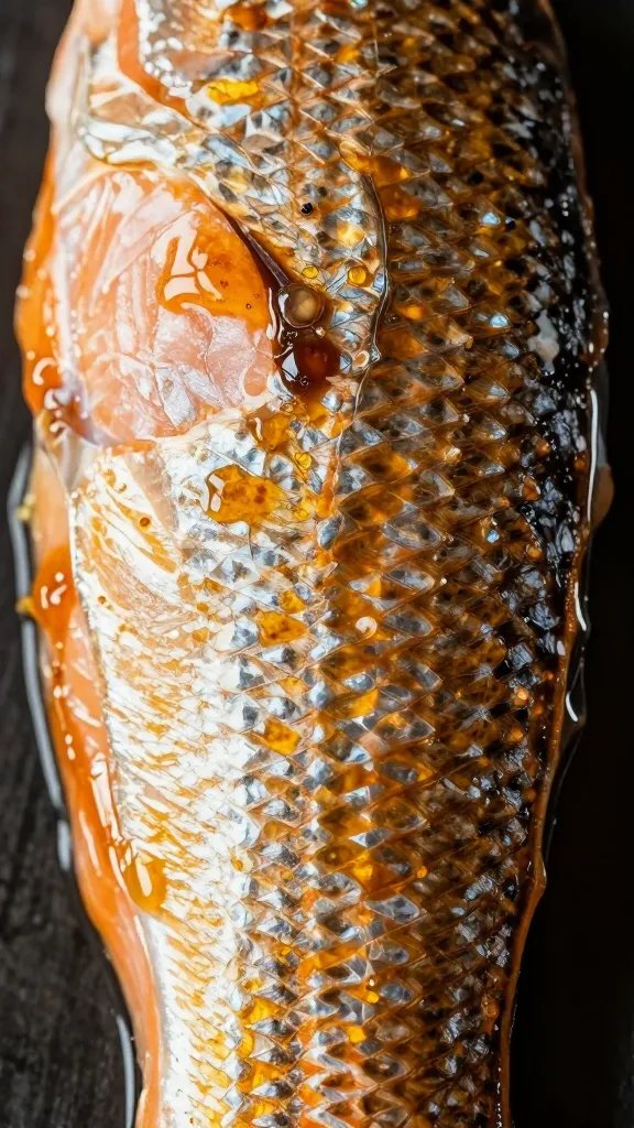 portrait shot of honey-soy salmon skin texture