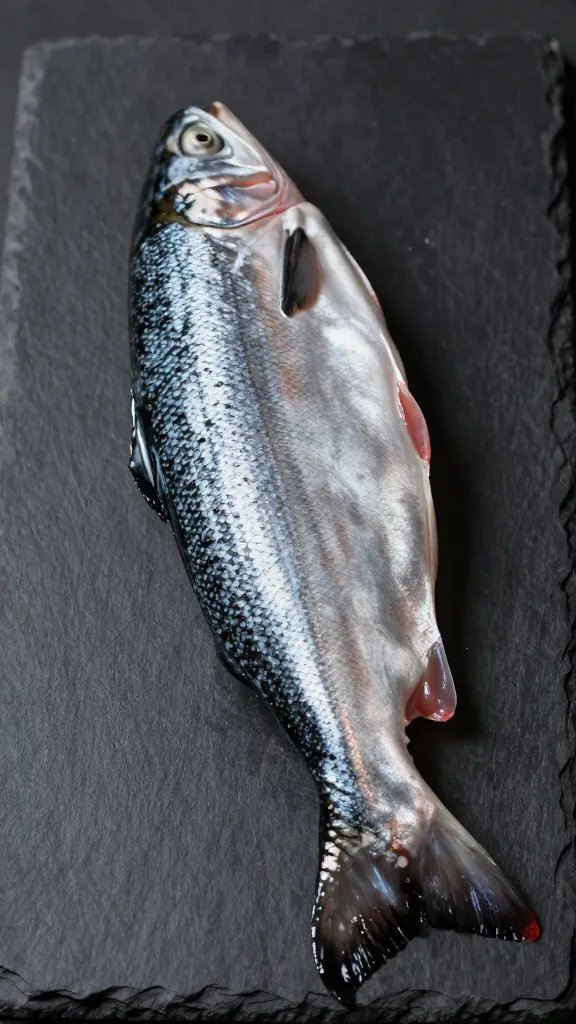 single salmon piece on dark slate with shine