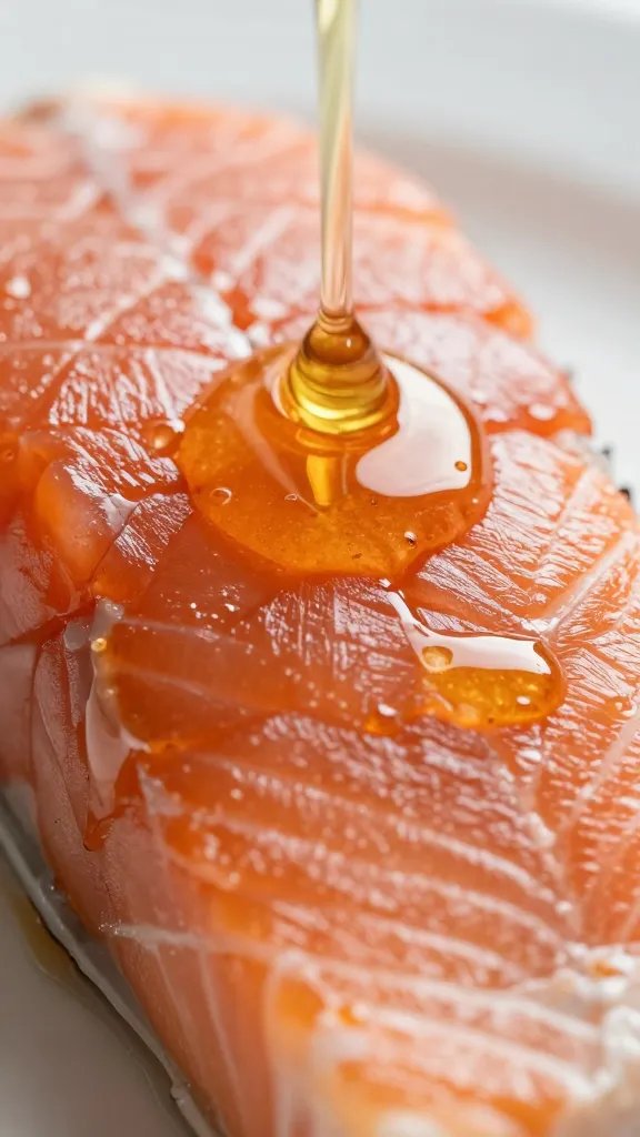 closeup of honey drizzle coating salmon surface