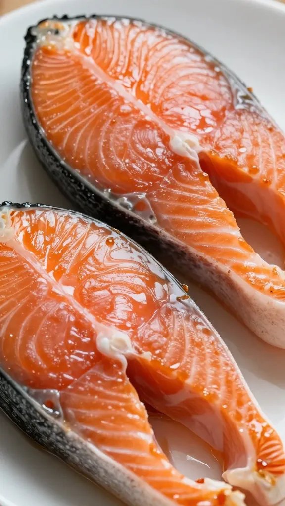 closeup of dry-brushed salmon with lacquered glaze halves
