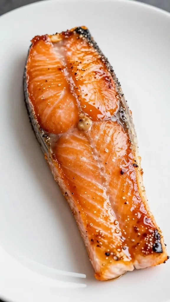 Closeup of glossy miso-glazed salmon fillet on white plate