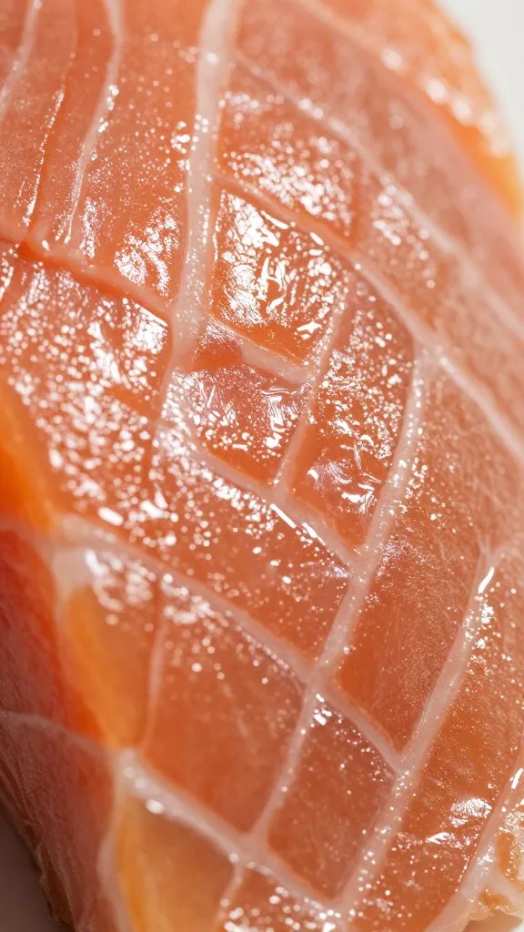 Macro of lacquered salmon skin shimmering with glaze