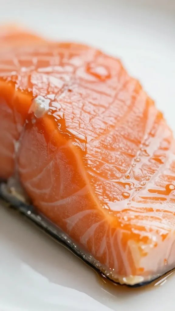 Side-angle closeup of miso glaze coating salmon surface