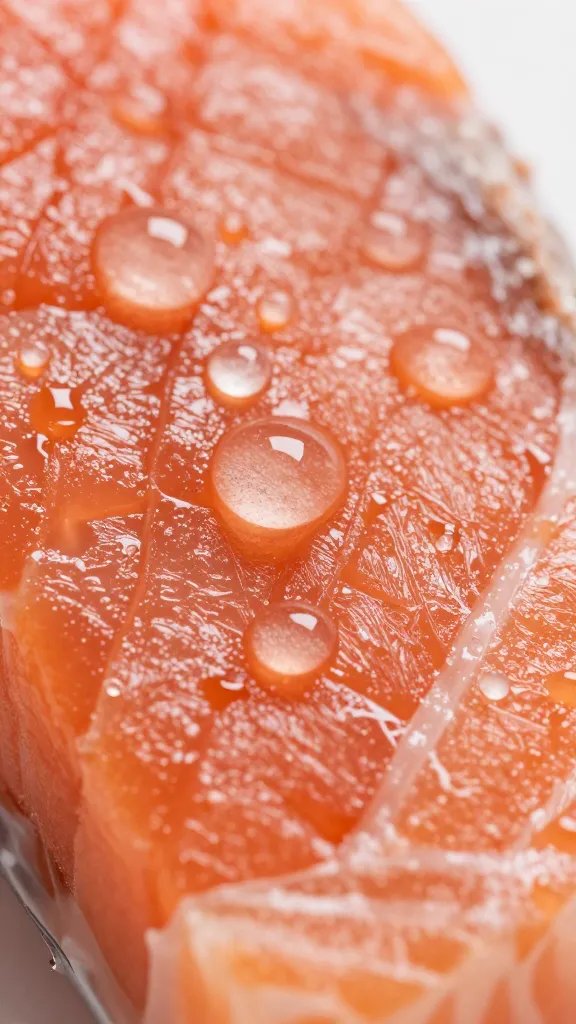 Closeup of glaze droplets on flaky salmon fibers
