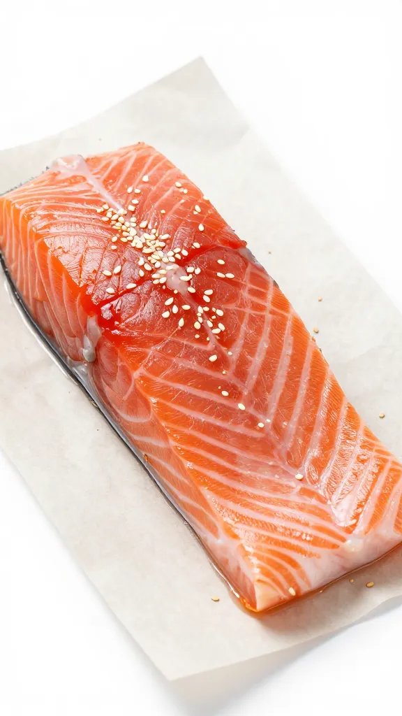 Studio shot: salmon resting on parchment with sesame seeds