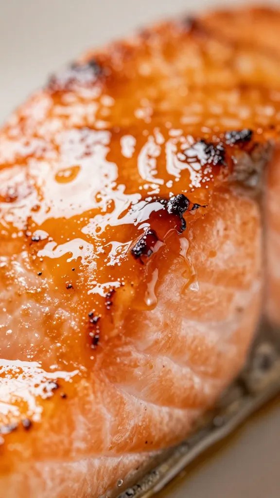 Extreme closeup of caramelized glaze sheen on edge of salmon
